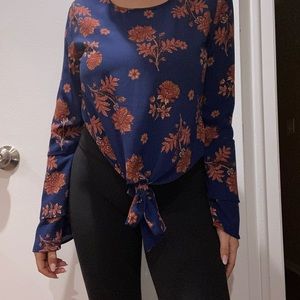 Self❤️e Navy Blue Long Sleeve Crop top Shirt With Orange Flowers